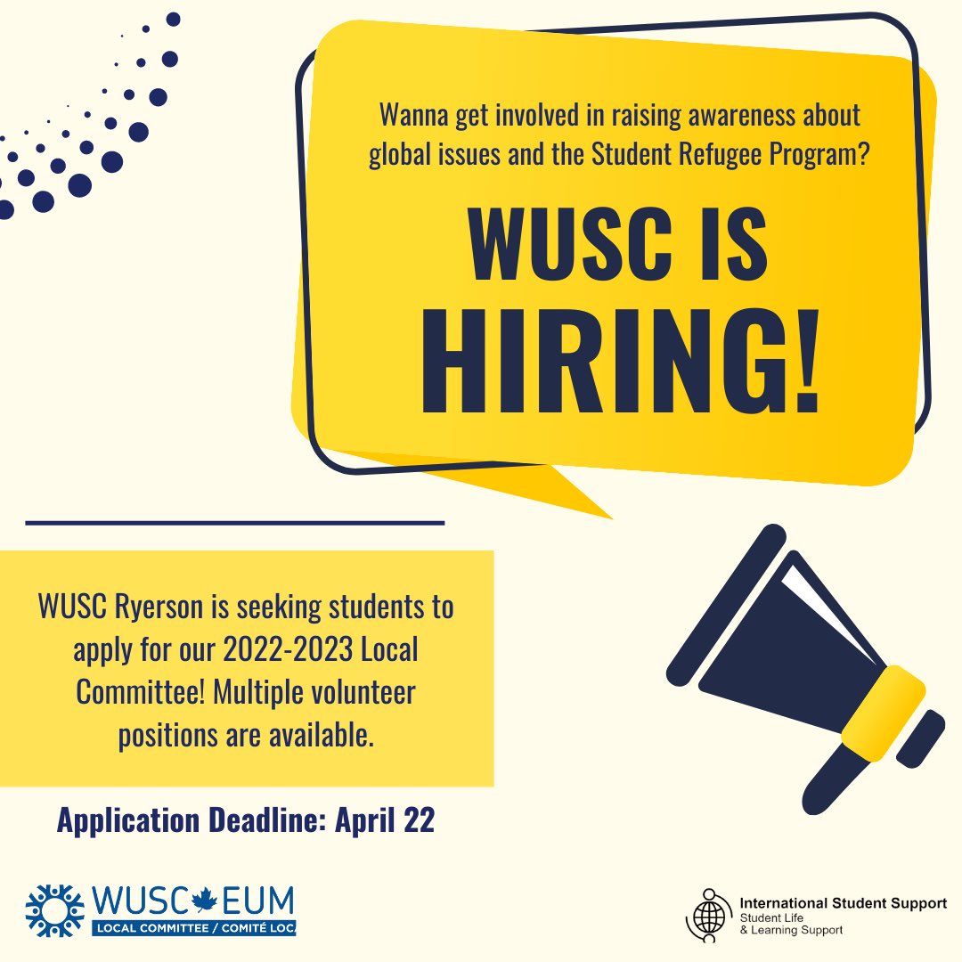 It's that time of the year again 📣 WUSC Ryerson is hiring for various volunteer positions for the upcoming academic year (2022-2023)! If you're thinking about getting involved on campus this is a great opportunity! Apply here: forms.gle/fEBPJ7CqCFTfWz…