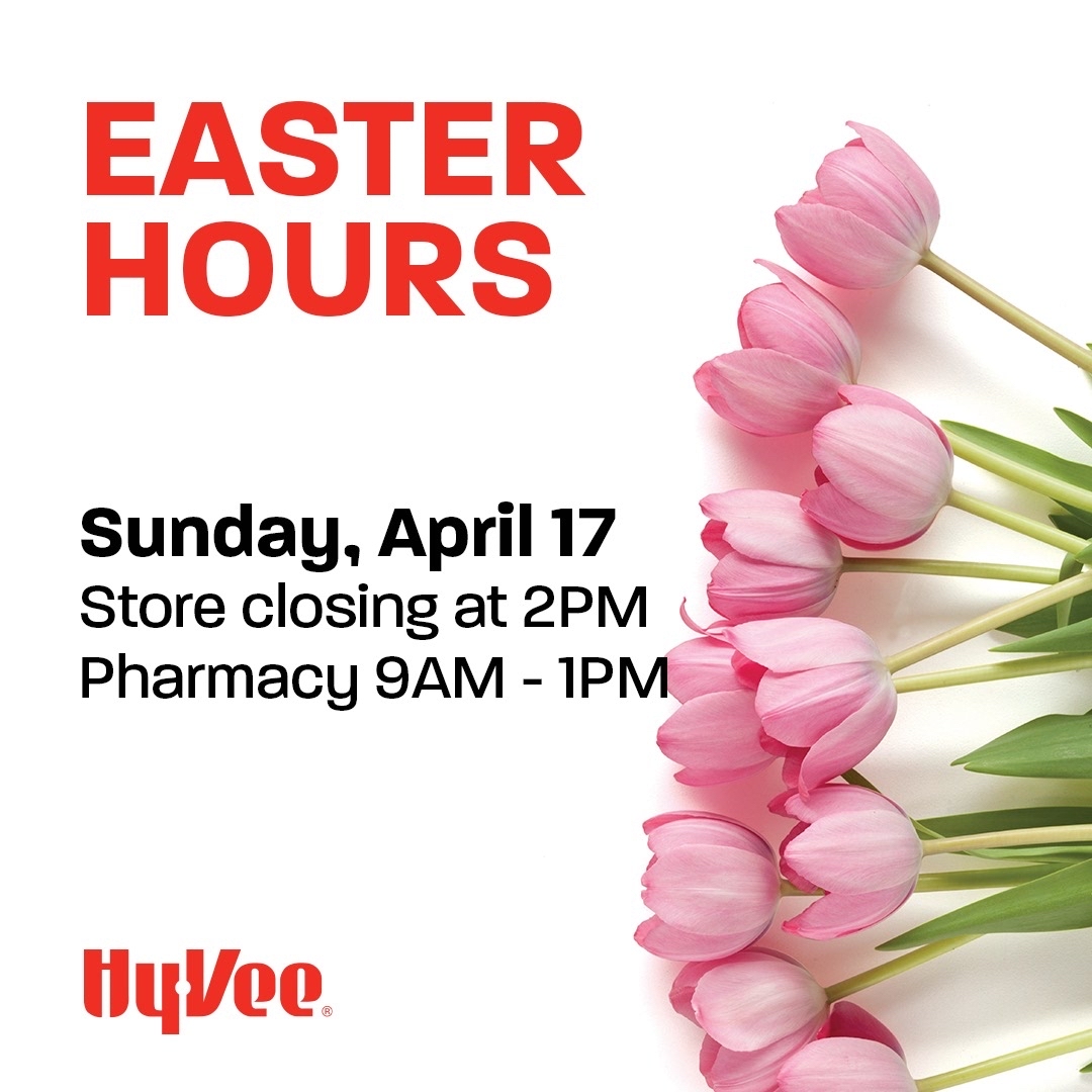 Easter Sunday HOURS.

Dubuque stores will be closing at 2:00P.M. on Easter Sunday, April 17th 2022. 

Pharmacy will be open 9A.M.-1PM. 

Thank you.