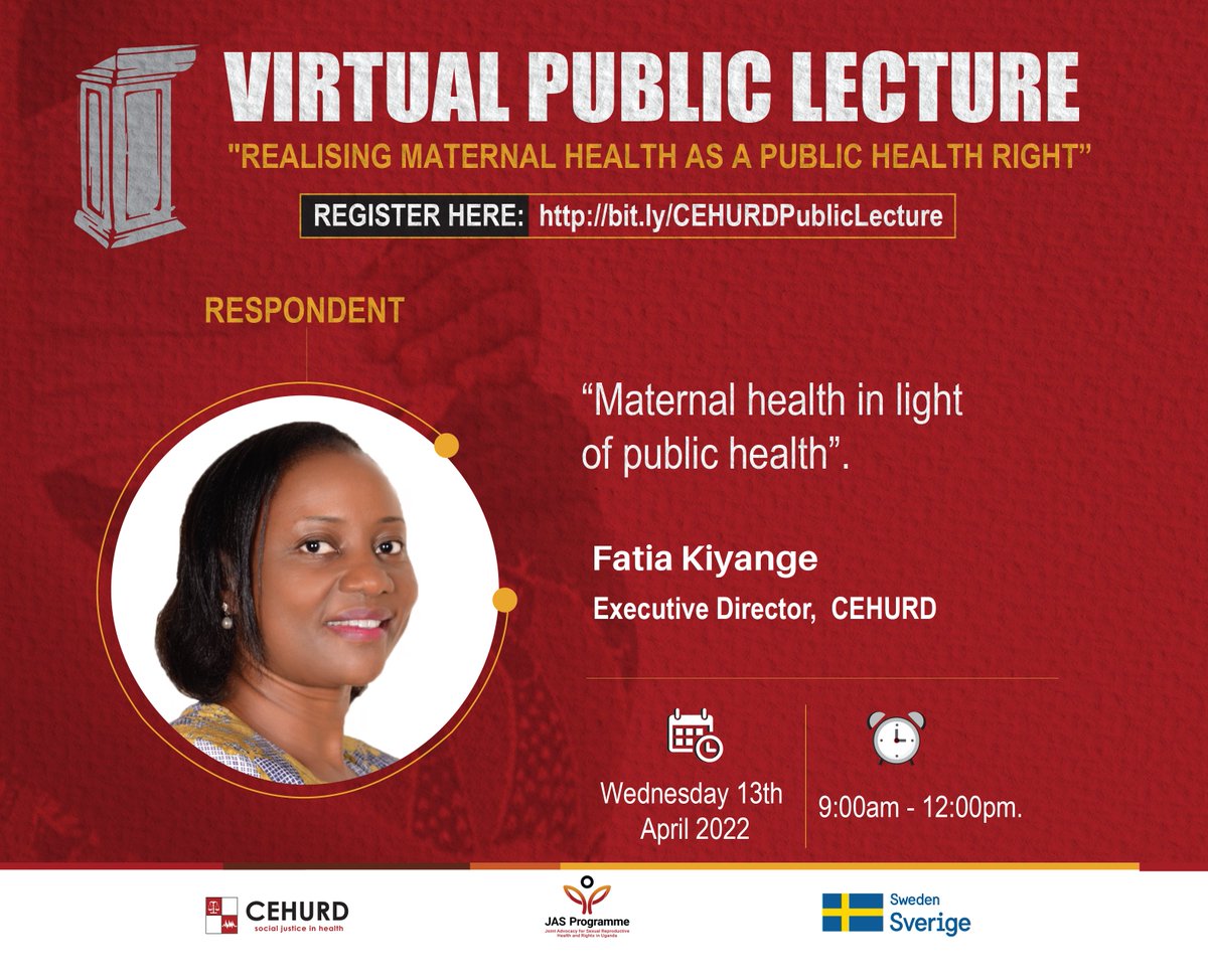 Ms. Fatia Kiyange - the Executive Director at the Center for Health, Human Rights and Development @cehurduganda. She will be addressing 'Maternal Health in light of Public Health.

#CEHURDPublicLecture2022 
#Petition16
@JasProgramme 
@FatiaKiyange