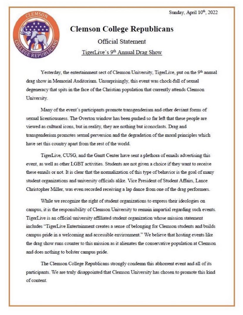 mattxiv's tweet photo. they had a drag show at clemson college and the young republicans club put this out. i’m crying https://t.co/6ikxaUoRlu
