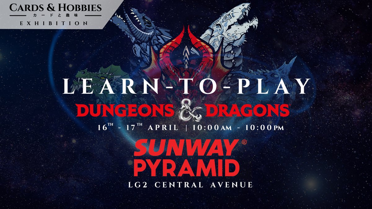 RPGMalaysia's tweet photo. Learn to Play: D&D at Sunway Pyramid, this weekend! April 16 & 17, 2022. 10am till 10pm.
FB event: https://t.co/C2lb8HoZVN
More info: https://t.co/wbRlIWTSsm
#DnD #DnDMY #RPG #RPGMY #Malaysia #kakitabletop https://t.co/DF4o9vK1Rv