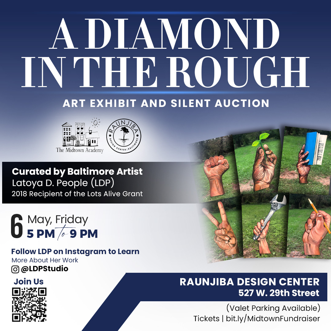 The Midtown Academy 5th Annual Fundraiser will feature creative visual art pieces by notable and influential artists in the area, curated by Baltimore artist LaToya D. Peoples (<a href="/LDPStudio/">arthustlestudio</a>). 

More info - bit.ly/MidtownFundrai….

#ADiamondInTheRough, #ArtAuction, #Education
