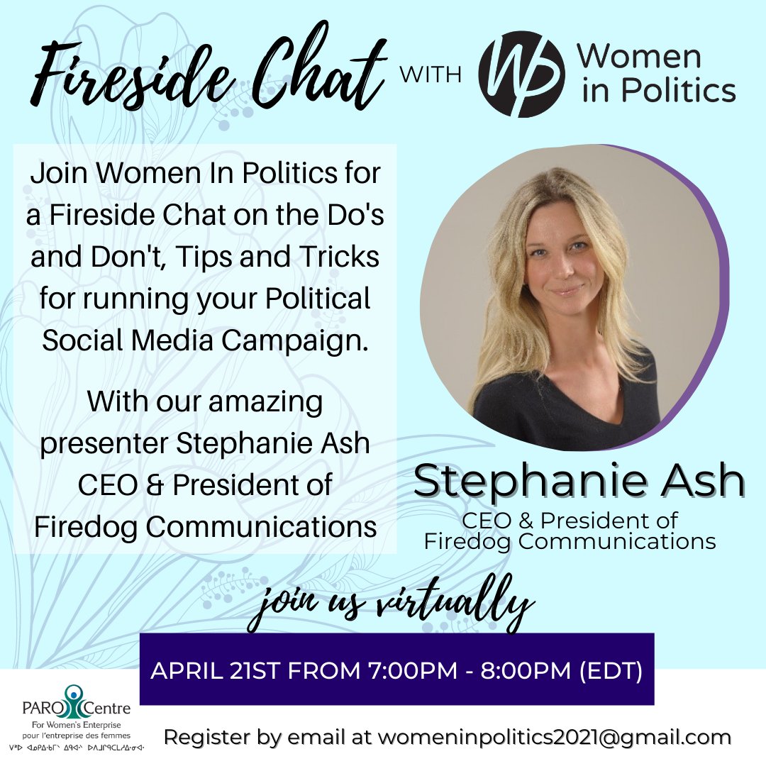Register at: tinyurl.com/2p982uz8
Join Women in Politics NWO for a Fireside Chat as we're joined by the President and CEO of Firedog Communications, Stephanie Ash! She will talk with us about social media and how it can affect/influence your political campaign
#womeninpolitics