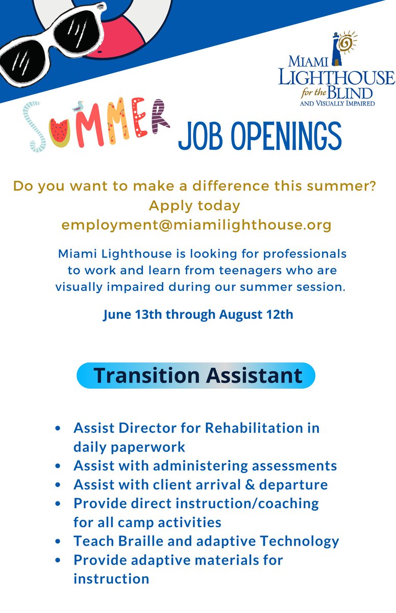 Miamilighthouse's tweet photo. We are hiring! Looking to work at one of the top nonprofit organizations in the country? #MiamiLighthouse is hiring a Transition Assistant for this year’s summer programs. 

We accept applications at employment@miamilighthouse.org! #careers   #inclusion https://t.co/Afuq0WFEyS