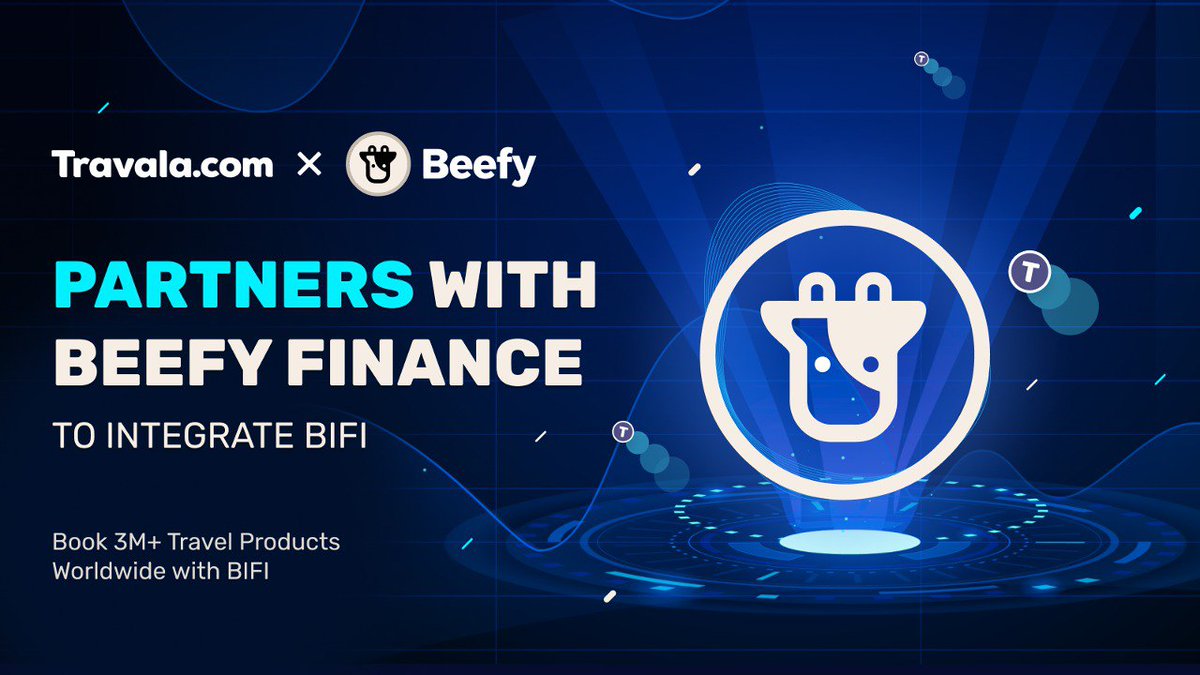 New partnership alert 📣 <a href="/beefyfinance/">Beefy</a> x <a href="/travalacom/">Travala</a> 

Soon, $BIFI holders will be able to book millions of flights, hotels, and activities worldwide on Travala.com 🌎

What will you book first, #bifi fans? Tell us in the comments👇

blog.travala.com/travala-com-pa…