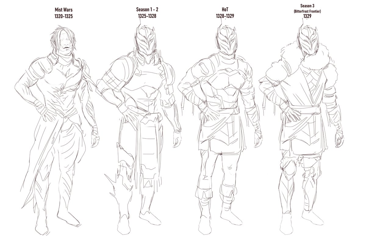 been wanting to do the outfit timeline lineup for 50 years but knowing me, it's gonna stay at this stage for another 50 years so (gestures vaguely) 
#guildwars2 #gw2 #GW2EOD 