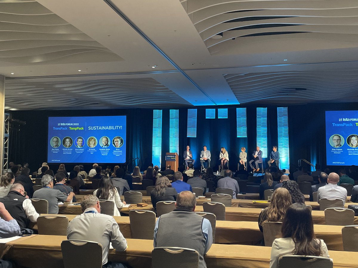 ISTAconnect's tweet photo. Happening now: Packaging industry leaders from @AMERIPEN, @barrywehmiller, @Fuseneo, @DowNewsroom, @PregisEurope & @abbvie are discussing the topic of sustainability.
#ISTAForum #ISTATransPack #ISTATempPack https://t.co/NsCOb1g1V9