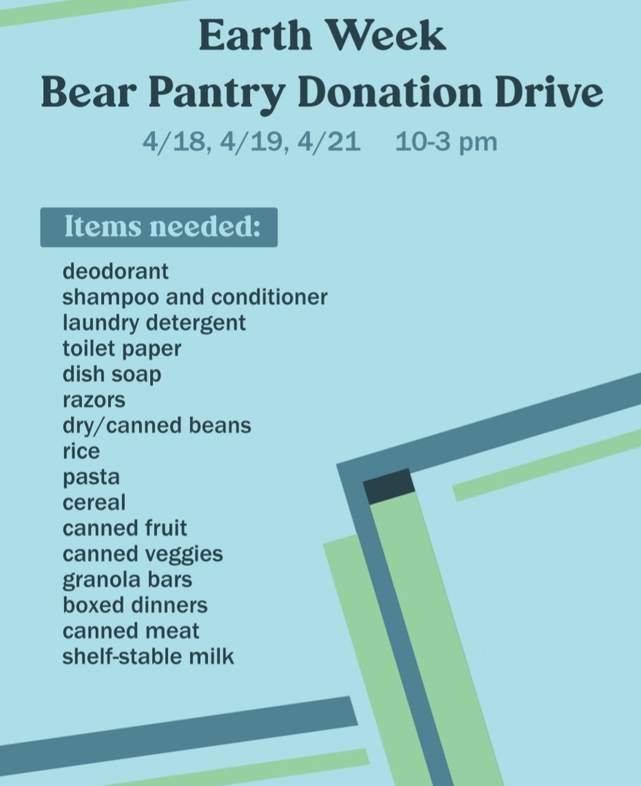 Hey Bears!

Earth week is starting next week!  The Bear Pantry will be hosting a donation drive. If you have any of the items above, please bring them to the bear pantry.