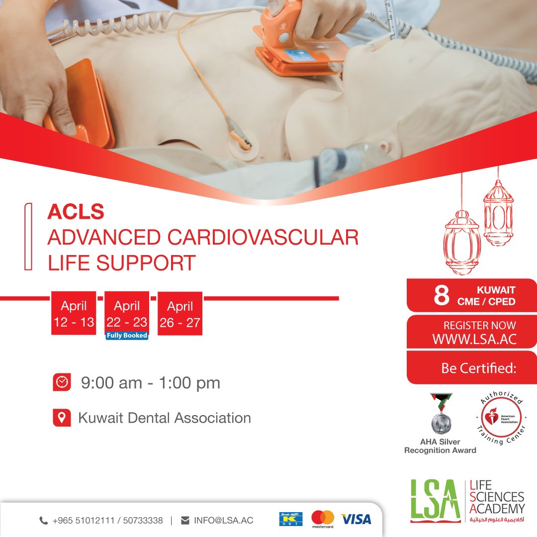 lsaedu's tweet photo. 🔴 Advanced Cardiovascular Life Support (ACLS)

💻 Be certified and register in ACLS Course through our website https://t.co/26hXw36wUN

🪑Limited Seats

⏱ 8 Kuwait CME

📚🇺🇸 Be certified from American Heart Association (AHA)

⏰ Two Days Course (9:00 am - 1:00 pm) https://t.co/vNwWYqelQ3
