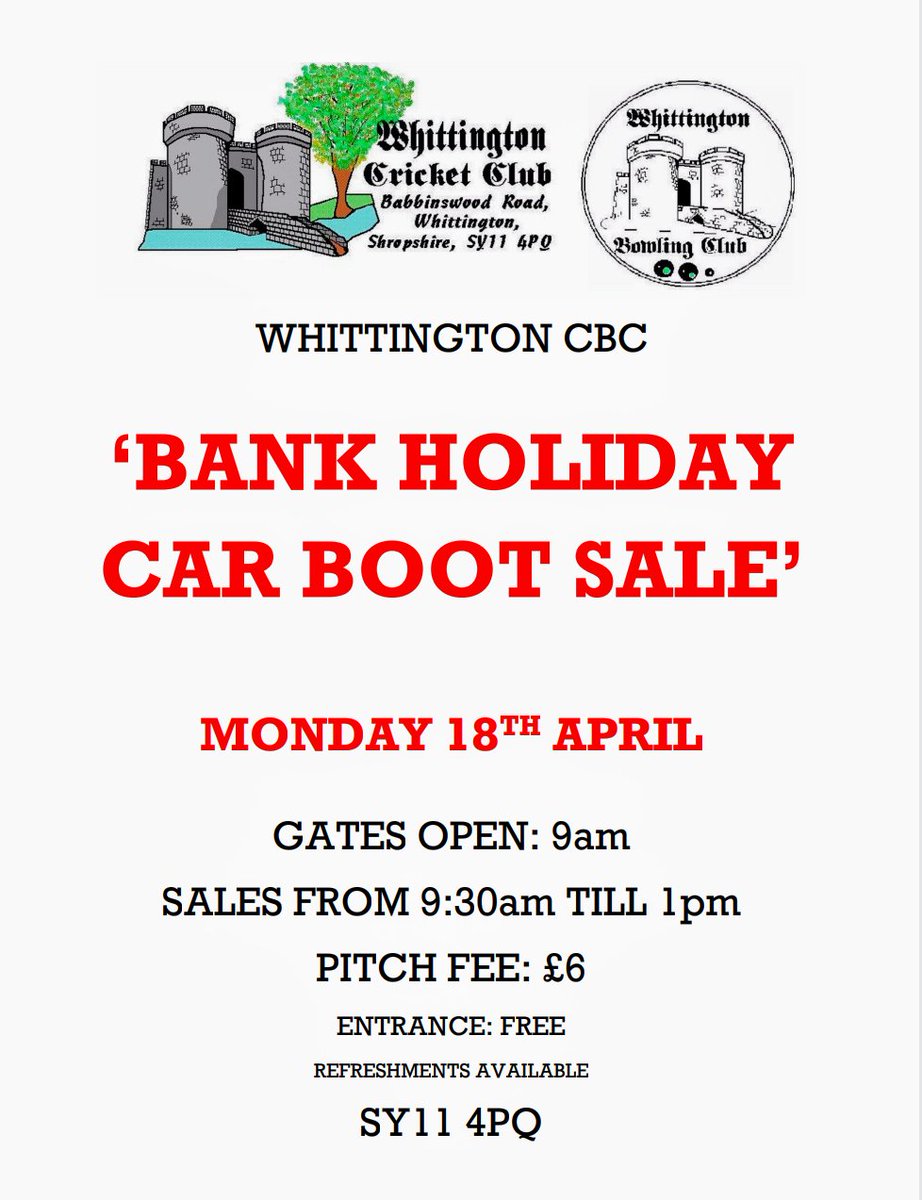 WhittingtonCBC's tweet photo. Bank Holiday Car Boot, everyone welcome!!! @advertizer @ShropshireStar https://t.co/FrrlfwrSUd