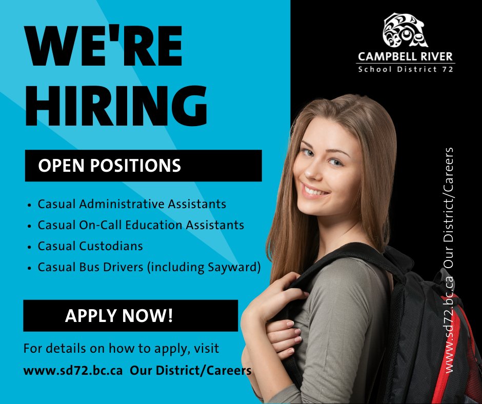 CRSD72's tweet photo. Come work with us! #CRSD72 needs casual bus drivers, custodians, administrative assistants, and educational assistants. Learn more: https://t.co/p2dOq722to #campbellriver #Hiring #ChangingTidesGrowingMinds https://t.co/inWfYPFTp4