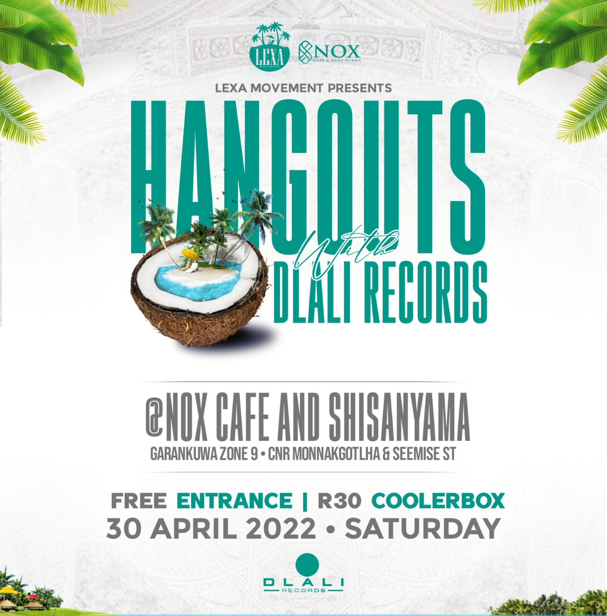 Its the hangout season le Malexa and this time around we have Dlali records alongside, save the date its a free entry a  re lexeng le malexa Danko!!!
📍Nox Cafe and Chisanyama Zone9 Garankuwa.