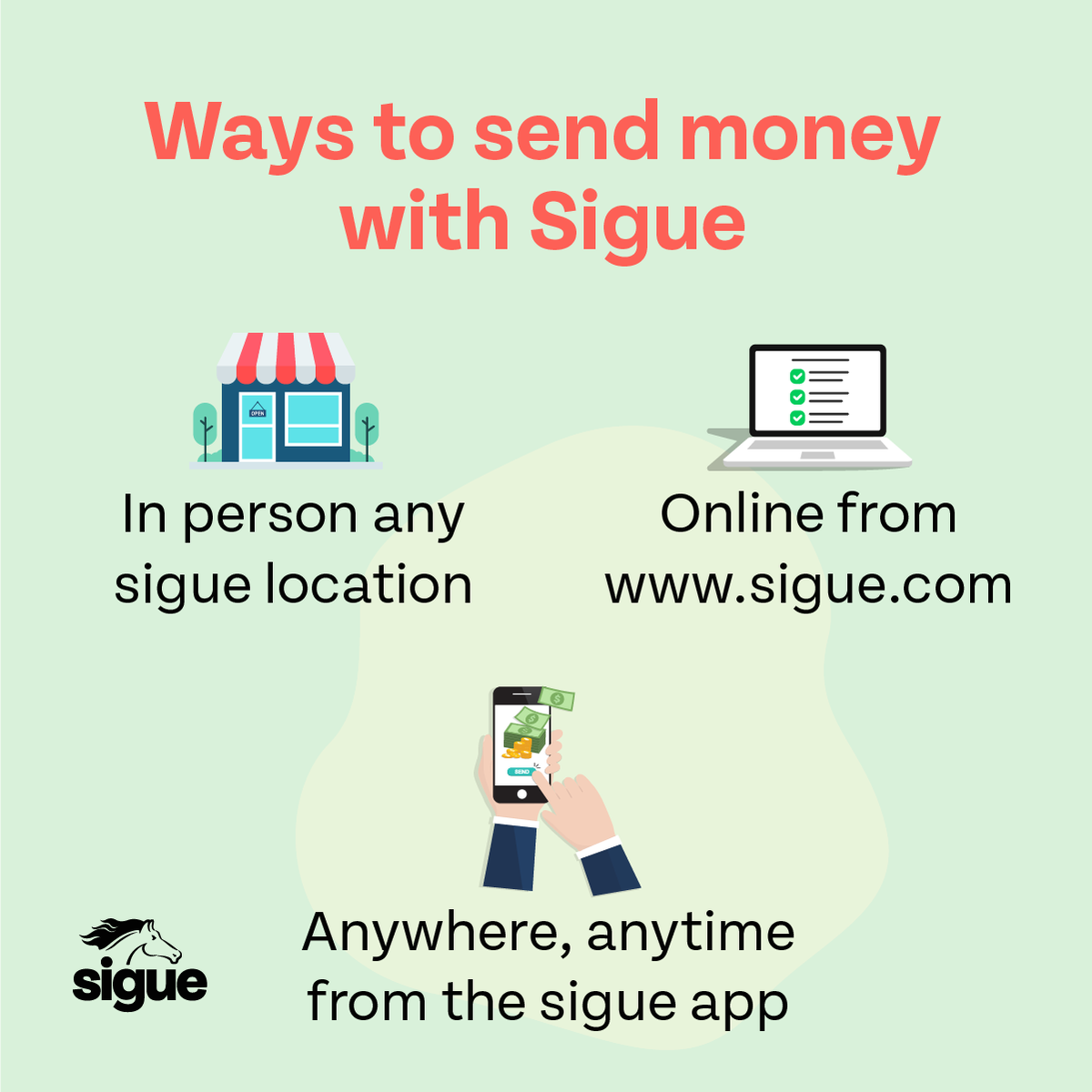 SigueCorp's tweet image. 3 ways to send money with Sigue:
✔️ send money in person at any Sigue location
✔️send money online via our website 
✔️send money from the #SigueApp quick and easy

#moneytransferservice #sendmoney #remittanceservices