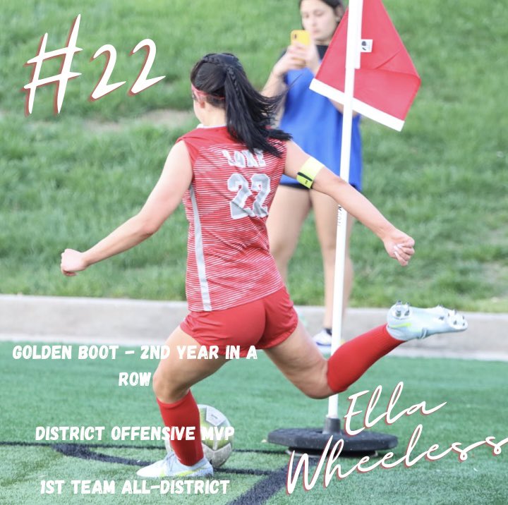 Congratulations to <a href="/ella_wheeless/">ella wheeless</a> for all of her accomplishments this season! She ended the season with 50 goals and 20 assists - Golden Boot Award (most goals in District with 29), District Offensive MVP, and 1st Team All-District!
