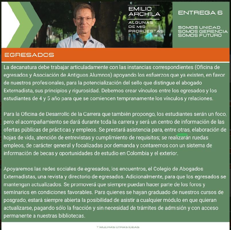 EmilioJArchila's tweet photo. #ElProgramaDeArchila. Trabajaremos unidos por la #FacultadDeDerecho, acá les dejo algunas de mi propuestas  #Entrega 6 #SomosGerencia #SomosUnidad #SomosFuturo https://t.co/Av4cpui6nx https://t.co/4lsRQTJJTA