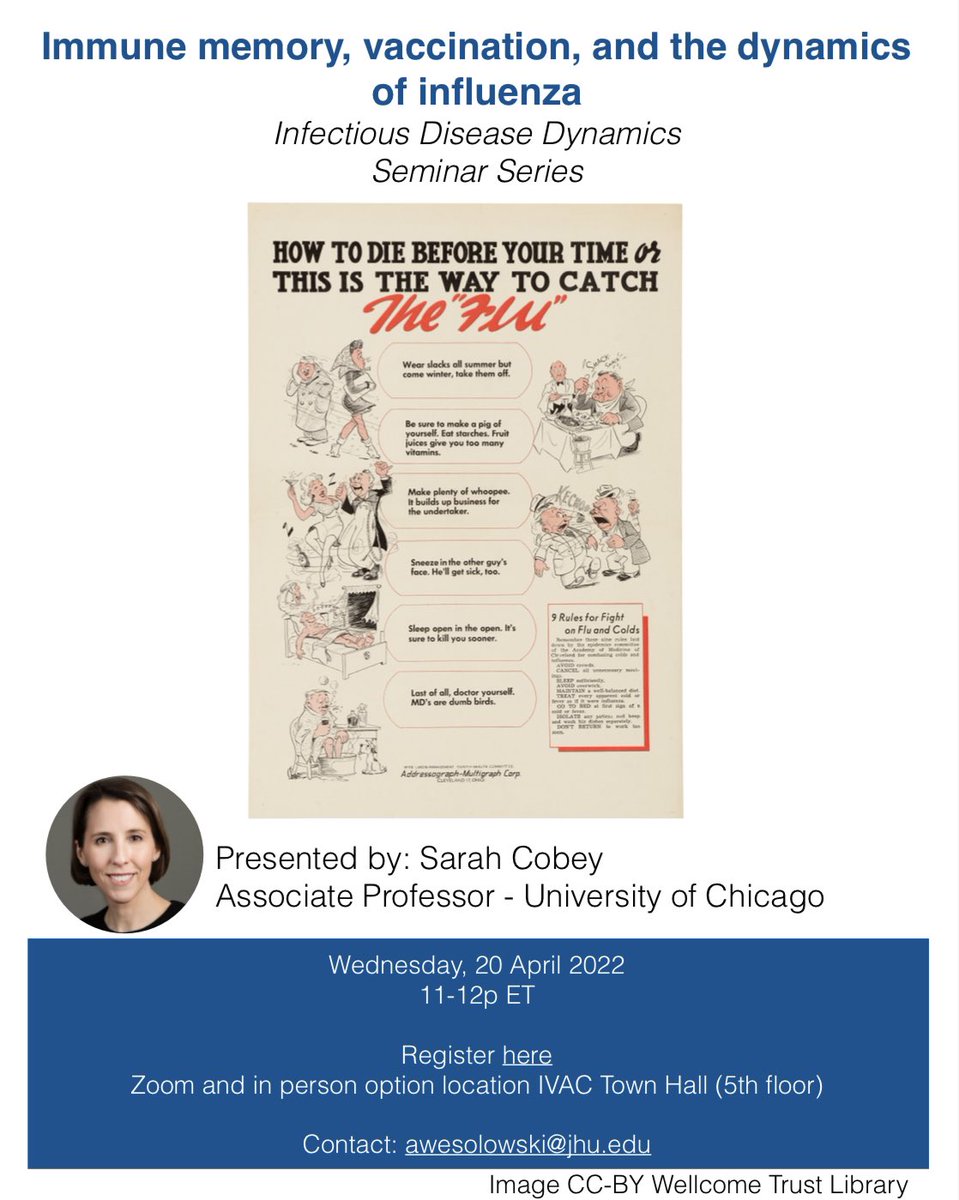 JHIDDynamics (@jhiddynamics) on Twitter photo Join us on Wed April 20th at 11am EST for the next seminar in our IDD series from <a href="/sarahcobey/">Sarah Cobey</a> entitled, “Immune memory, vaccination, and the dynamics of influenza” Join us on Wed April 20th at 11am EST for the next seminar in our IDD series from <a href="/sarahcobey/">Sarah Cobey</a> entitled, “Immune memory, vaccination, and the dynamics of influenza”