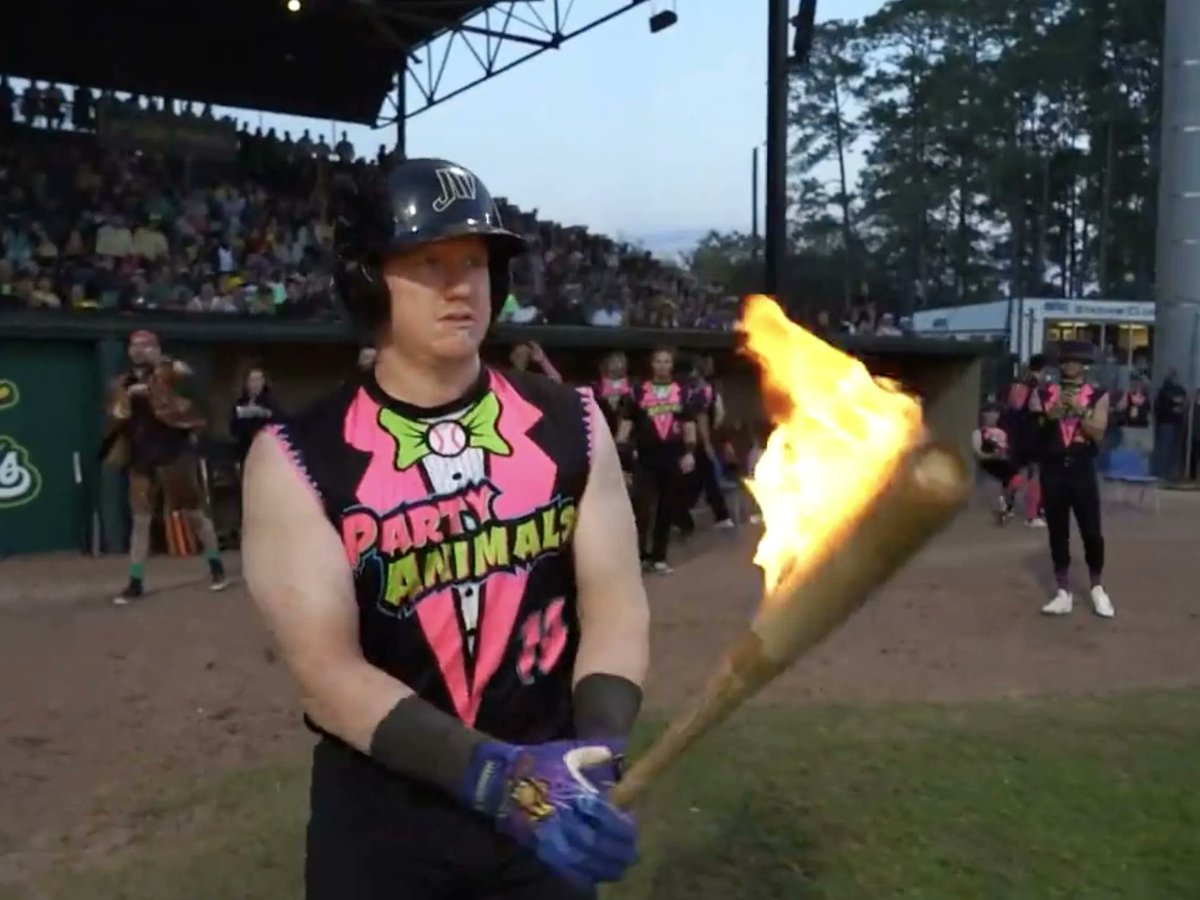 barstoolsports's tweet photo. The Savannah Bananas Games Are Now Going Full Slugfest With Players Using Bats That Are Actually On Fire https://t.co/G8DnS9kyLB https://t.co/VHsgV76OH3