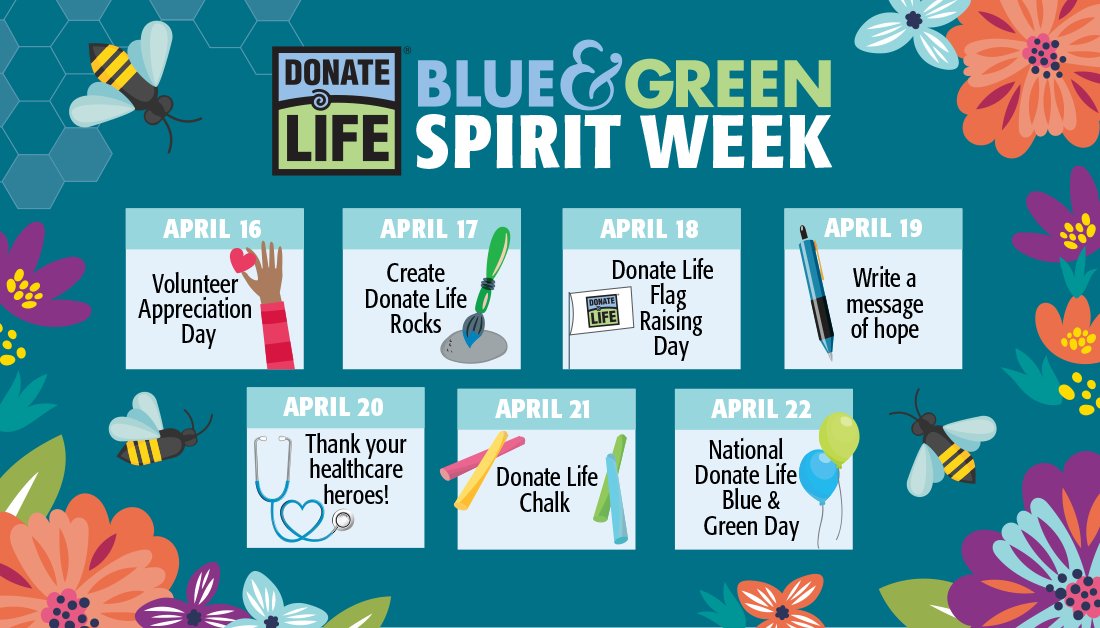 LifeLinkGA's tweet photo. Are you ready for #DonateLifeSpiritWeek? Celebrate with LifeLink each day of the week leading up to Blue & Green Day as we recognize donors, volunteers, healthcare heroes and more! We kick off the special week on Saturday! #DonateLifeMonth #BEEaDonor https://t.co/8u4uLpTa6w