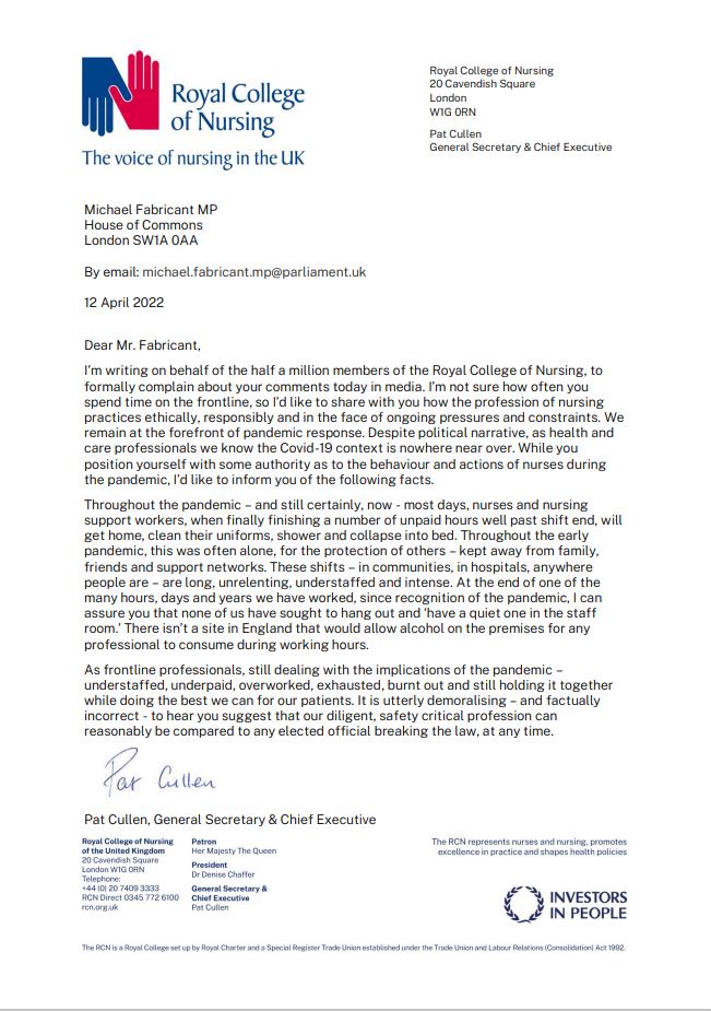 Our General Secretary and Chief Executive @patcullen9 has written to @Mike_Fabricant over his comments today on nurses drinking in staff rooms during #COVID19.