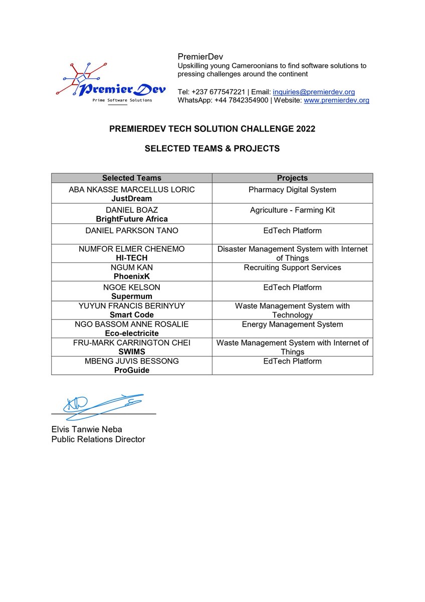 Congratulations to the finalists of the PremierDev Tech Solutions Challenge 2022!

Looking forward to your pitch on the 16th of April 2022 at Mansel Plaza Hotel in Yaounde.

premierdev.org 

#softwaresolutions #techsolutions