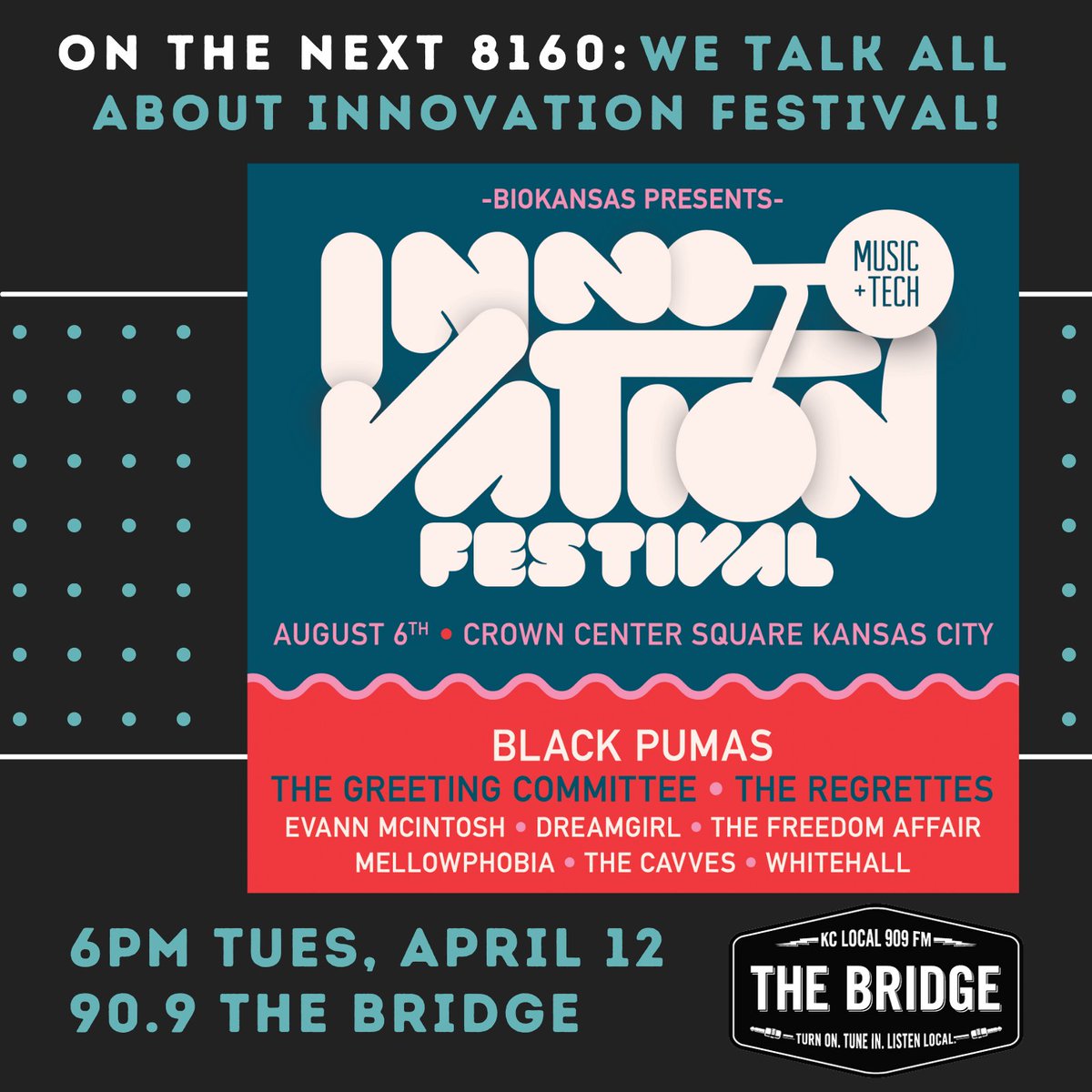 InnovateFestKC's tweet photo. Love supporting local radio? Want to learn more about Innovation Festival? Tune in TONIGHT to the Eight One Sixty show with Chris Hagirian on @909thebridge 6-7pm CDT to get the code for our 24-hour pre-sale starting Wednesday at 10am on our website (linked in our bio)! https://t.co/ljW0HIwupT