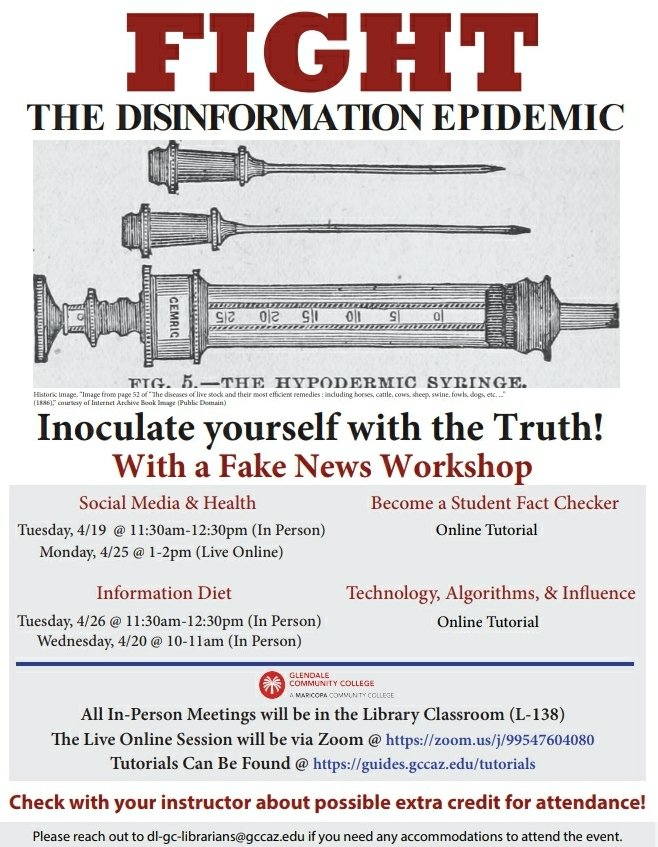 TheVoiceGCC's tweet photo. Join these Fake News Workshops! You can participate in-person or live online!
Reach out to your instructor for possible extra-credit! The sessions will be in room L-138 on 4/19 11:30-12:30, 4/25 1:00-2:00, 4/26 11:30-12:30, and 4/20 10:00-11:00.
Link: https://t.co/lDzExgSn0N https://t.co/0s8tksjR2V