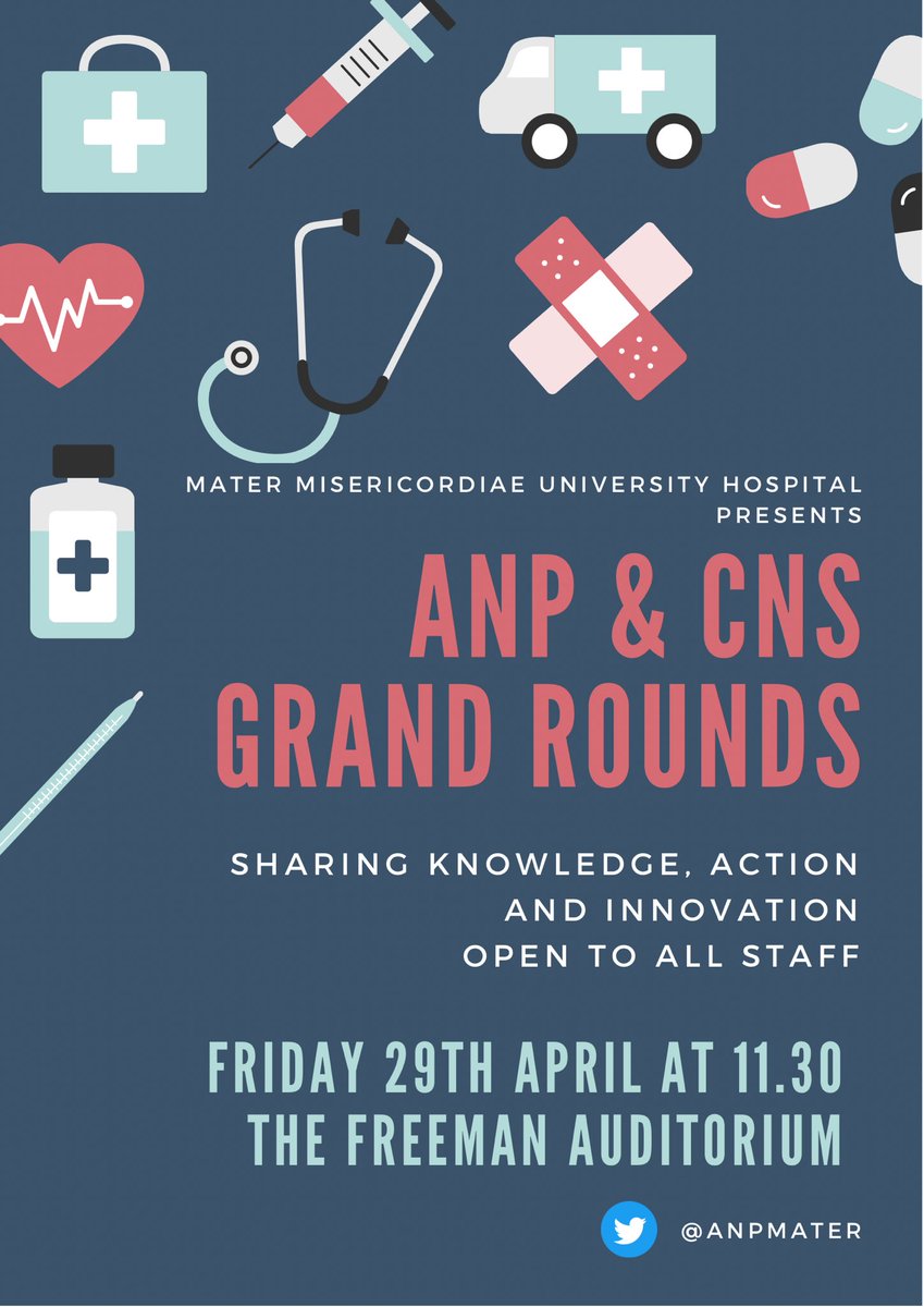 Delighted to announce ANP/CNS Grand Rounds have been rescheduled for Friday April 29th. Looking forward to seeing you at the Freeman Auditorium at 11.30 #ourmaterteam #anpgrandrounds #learningtogether @MaterTrauma @MaterNursing