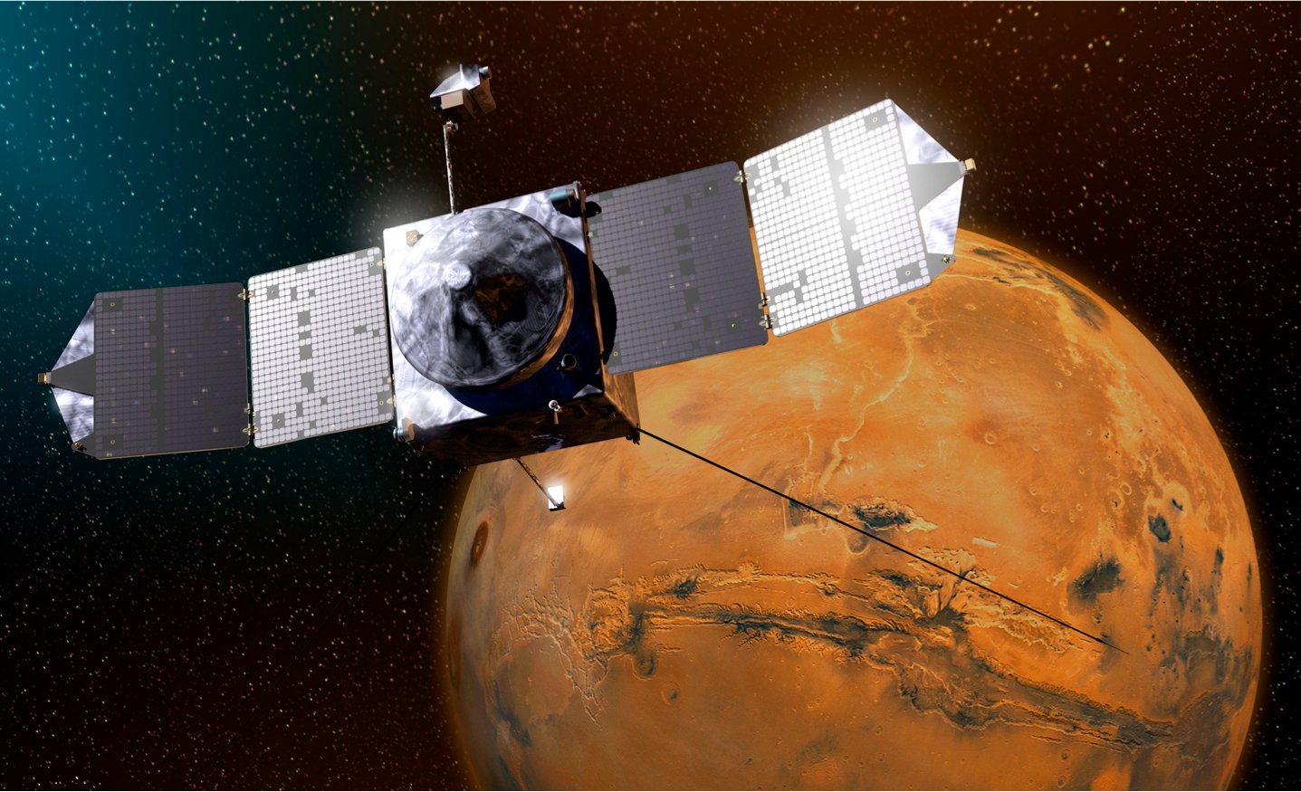 An illustration of NASA's MAVEN orbiter above Mars, with its unfurled solar panels and antennas 