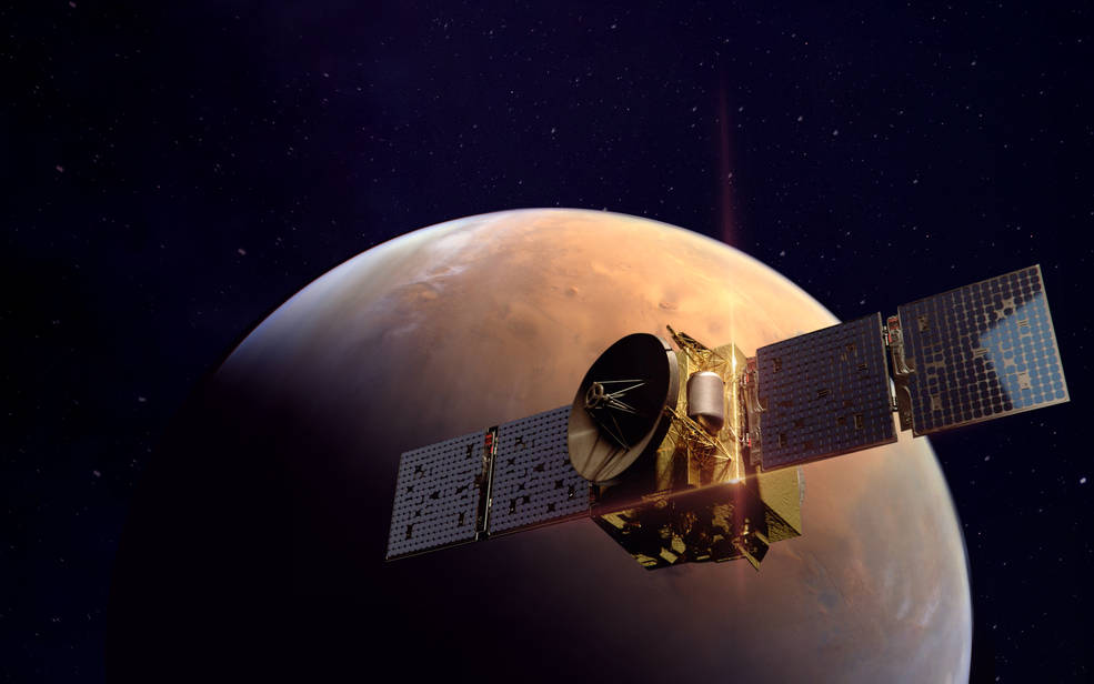 An illustration of the United Arab Emirates’ Hope Probe in orbit around Mars