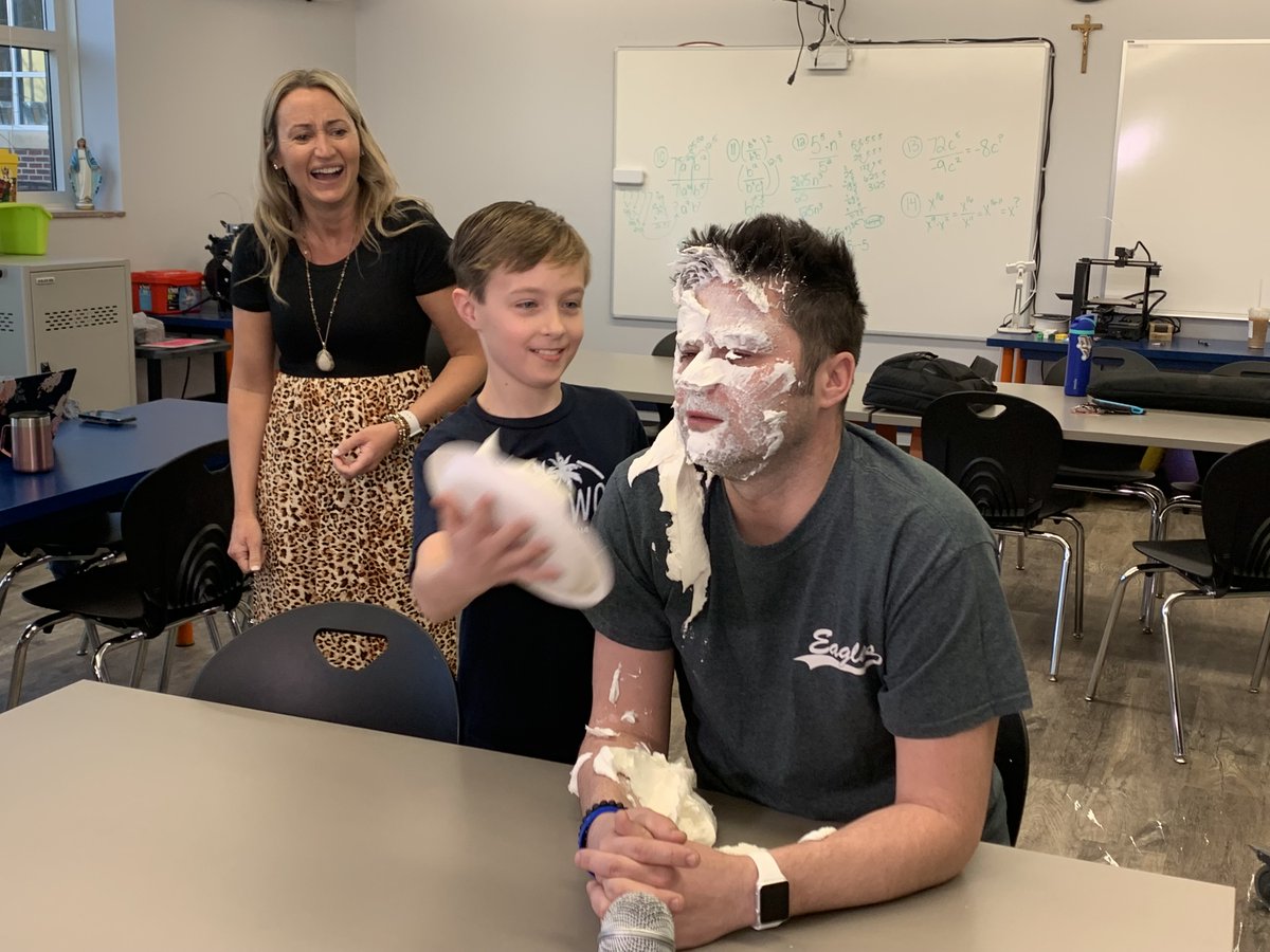 MrHessHTS's tweet photo. I had a front row seat to see @MrMo_HTS get his pies-in-the-face this morning, courtesy of Mason S, Stephen R and @mrskhtseagles! https://t.co/oQSowagZx5