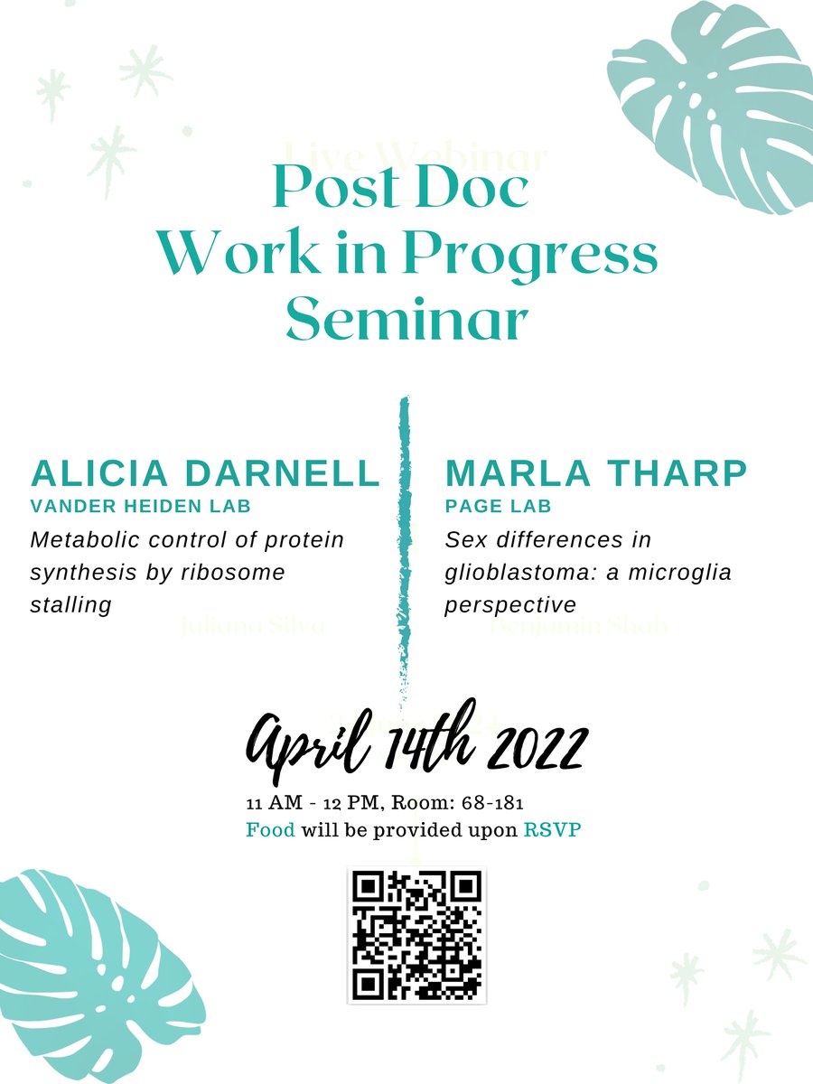 MITBioPostdoc68's tweet image. Join us Thursday at 11am in 68-181 for a Work in Progress Seminar featuring @MITBiology postdocs Alicia Darnell (Vander Heiden lab) and Marla Tharp (Page Lab)!