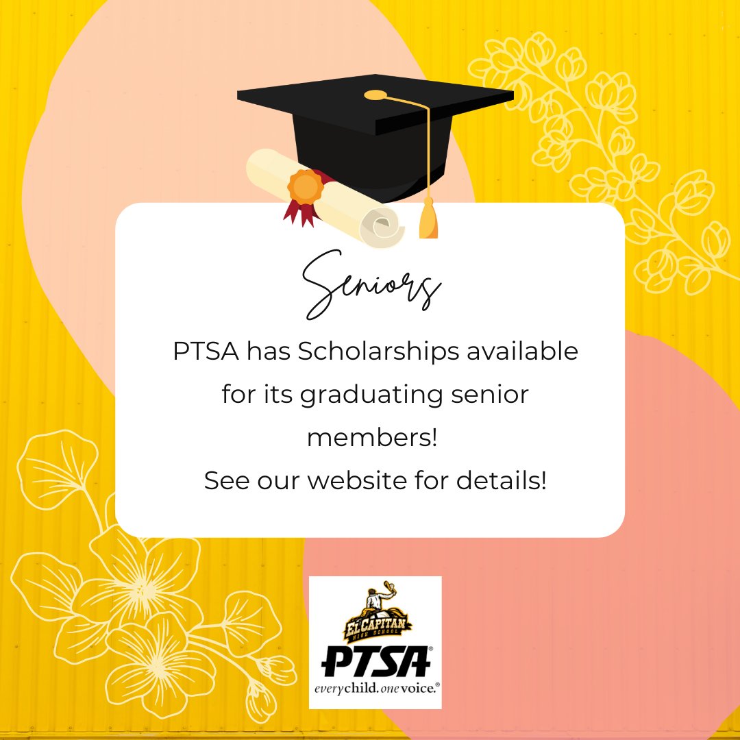 ElCapPtsa's tweet photo. Seniors -
El Cap PTSA offers scholarships to it graduating seniors. See website for info and to apply. Deadline is April 29 π
#joinelcapptsa - see link in bio
#goecvaqueros https://t.co/ripsHireRH