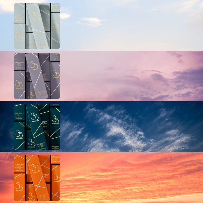 35Thousand's tweet photo. Every 35 Thousand product is packaged in a distinctive color inspired by pictures taken in flight of sunsets/sunrises, but each product is a different color to make it easy for those without perfect vision (or who are just tired🙋‍♀️) to know which product they're picking up to use. https://t.co/UhjqBhxnIB