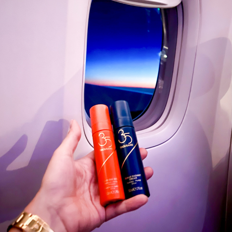 35Thousand's tweet photo. Every 35 Thousand product is packaged in a distinctive color inspired by pictures taken in flight of sunsets/sunrises, but each product is a different color to make it easy for those without perfect vision (or who are just tired🙋‍♀️) to know which product they're picking up to use. https://t.co/UhjqBhxnIB