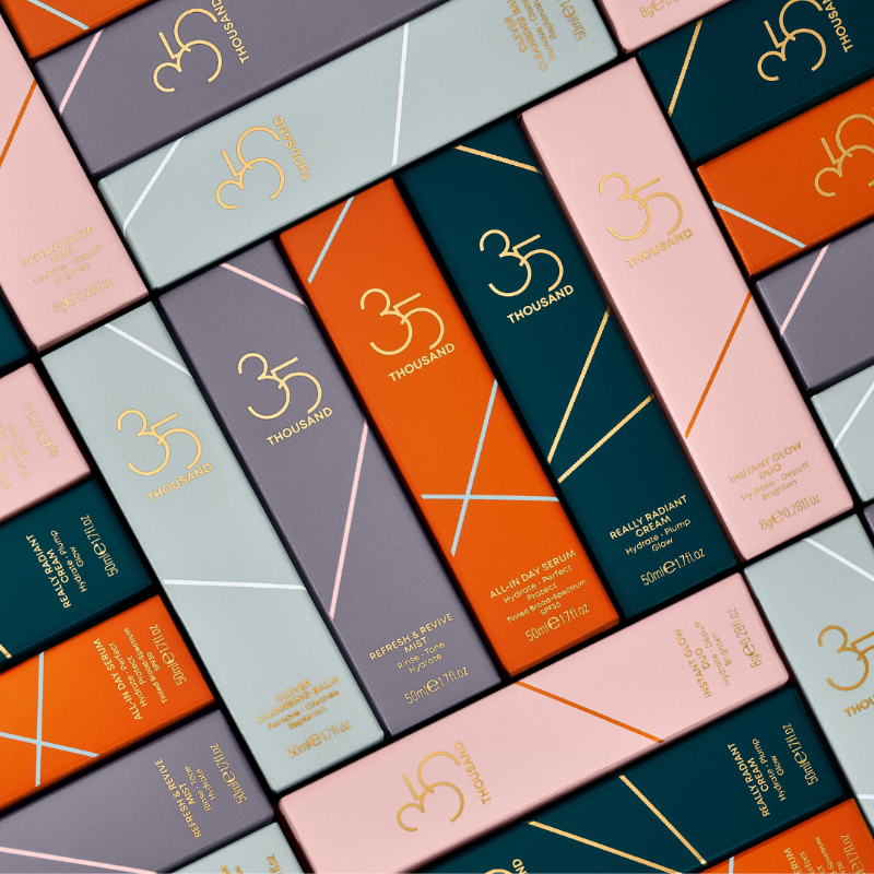 35Thousand's tweet photo. Every 35 Thousand product is packaged in a distinctive color inspired by pictures taken in flight of sunsets/sunrises, but each product is a different color to make it easy for those without perfect vision (or who are just tired🙋‍♀️) to know which product they're picking up to use. https://t.co/UhjqBhxnIB
