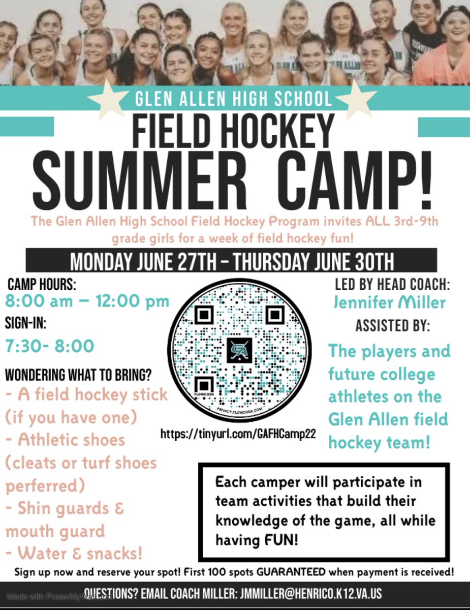 We are back!!! Interested in learning a new sport. Glen Allen field hockey is back and hosting a summer camp for rising 3rd-8th graders! Sign up to reserve your spot. Learn the sport, meet the team, and have the best week of your life!! 🏑Registration is open now!