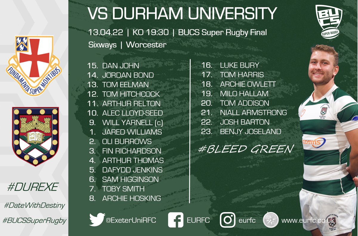 EURFC (@exeterunirfc) on Twitter photo 📢TEAM NEWS
It all comes down to this... 80 minutes to decide the <a href="/BUCSSuperRugby/">BUCS Super Rugby</a> title.
For the final time this season, here is your EURFC team to take to the field.
You can read the match preview here:
eurfc.co.uk/teams/227903/m…
#DUREXE | #BUCSSuperRugby | #DateWithDestiny 📢TEAM NEWS
It all comes down to this... 80 minutes to decide the <a href="/BUCSSuperRugby/">BUCS Super Rugby</a> title.
For the final time this season, here is your EURFC team to take to the field.
You can read the match preview here:
eurfc.co.uk/teams/227903/m…
#DUREXE | #BUCSSuperRugby | #DateWithDestiny