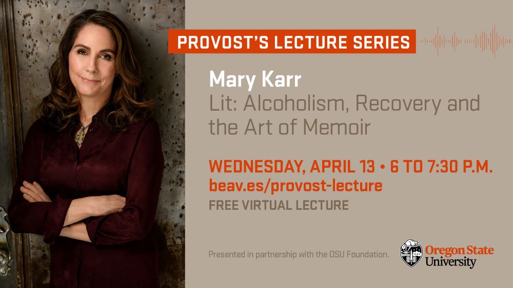 EJFeser's tweet photo. Be sure to join us tomorrow evening for the Provost's Lecture featuring Mary Karr, moderated by @elenavox. Thank you @marykarrlit for taking the time to speak to the @OregonState community. https://t.co/oCh4qVFV9W