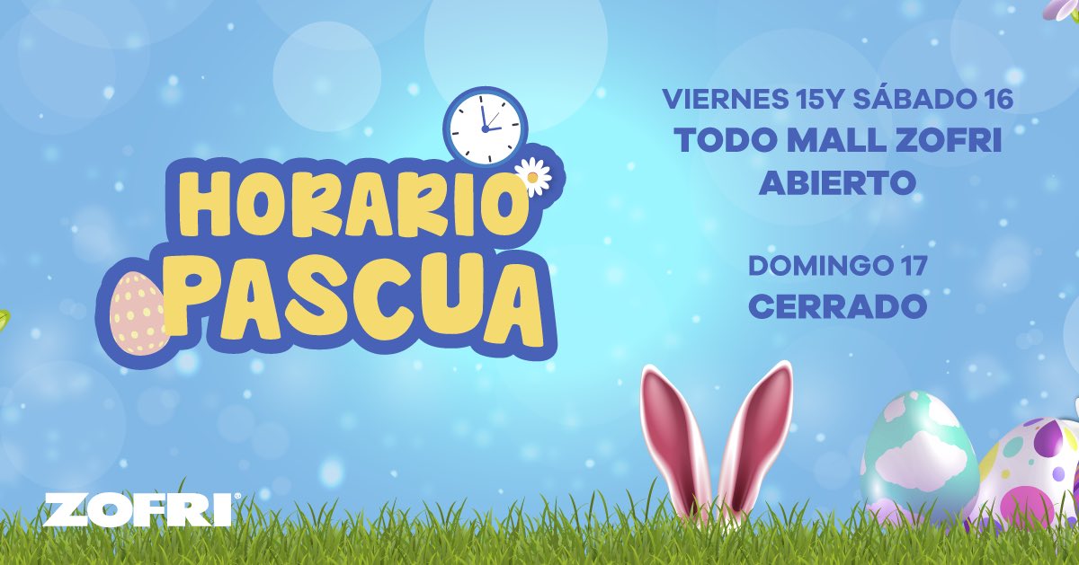 MallZofri's tweet photo. Horario de semana santa ✨🐇 🥚
Este 15 y 16 de abril, todo #MallZofri abierto de 11:00 a 19:00 hrs. Domingo 17 cerrado.  ¡Te esperamos! https://t.co/uFEMj048hc