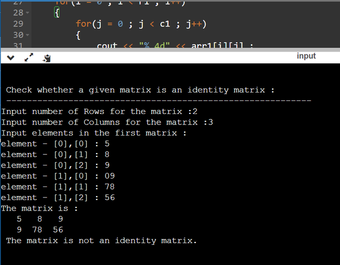 tripathi__vt's tweet photo. day"74" of #365daysofcode with 
@scaler_official
problem : "Write a program in C++ to 
Check whether a given matrix is an identity matrix"
//Started with C++//
#scalerdiscord #scalerlearning https://t.co/WNC1zON54E