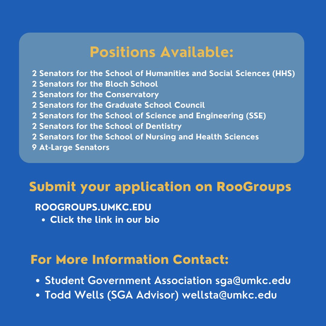 Applications are open to run for the 2022-2023 UMKC Student Senate! 🏛 
• Submit your application by April 18th at 5 pm on RooGroups! 🦘(Link in Bio)