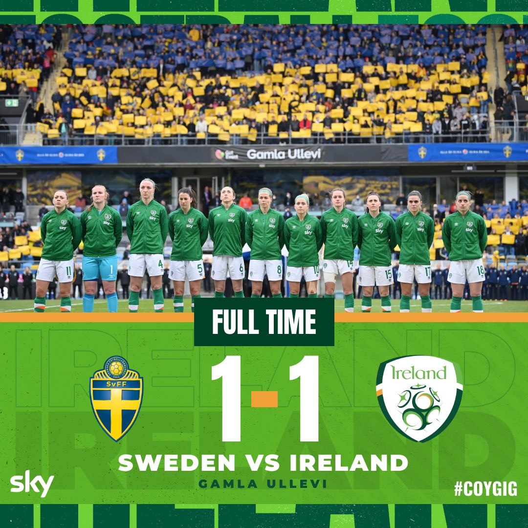 Ireland Football ⚽️🇮🇪 (@irelandfootball) on Twitter photo FULL TIME | 🇸🇪 1-1 🇮🇪
A tough game but a strong performance from the Girls in Green.
Congratulations to <a href="/svenskfotboll/">Svensk Fotboll</a> for qualifying for the <a href="/FIFAWWC/">FIFA Women's World Cup</a>!
#SWEIRL | #COYGIG | #OUTBELIEVE FULL TIME | 🇸🇪 1-1 🇮🇪
A tough game but a strong performance from the Girls in Green.
Congratulations to <a href="/svenskfotboll/">Svensk Fotboll</a> for qualifying for the <a href="/FIFAWWC/">FIFA Women's World Cup</a>!
#SWEIRL | #COYGIG | #OUTBELIEVE