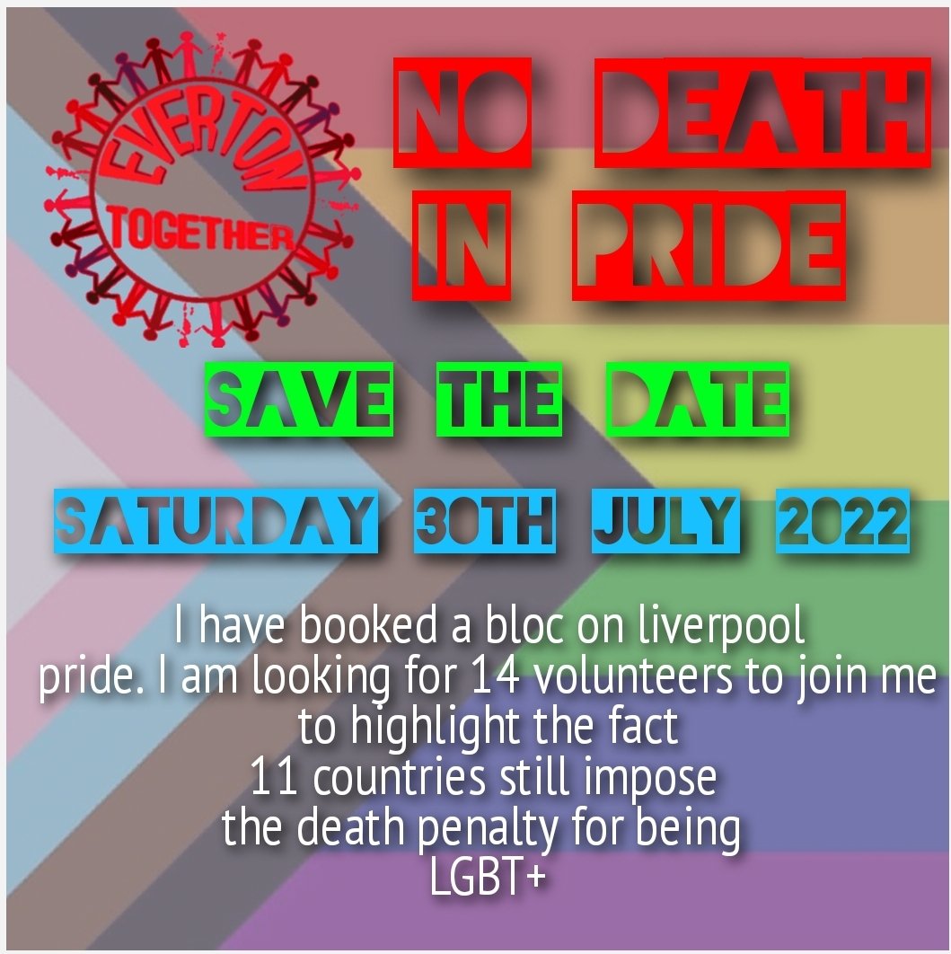 I have booked a bloc on liverpool
pride. I am looking for 14 volunteers to join me
to highlight the fact
11 countries still impose 
the death penalty for being 
LGBT+ 
More details will be posted but if your interested please join my event

 fb.me/e/4ABznQTPv

Thank You