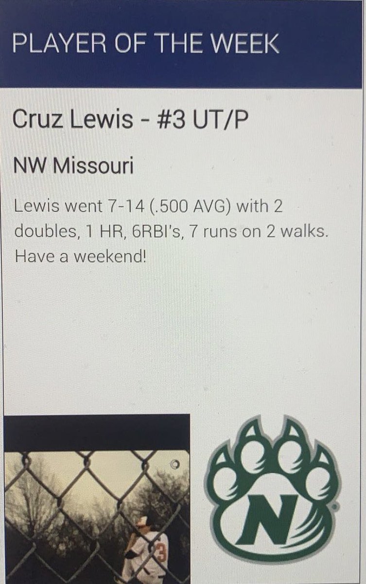 Congrats to Cruz Lewis on being named the Great American - North conference player of the week!!!