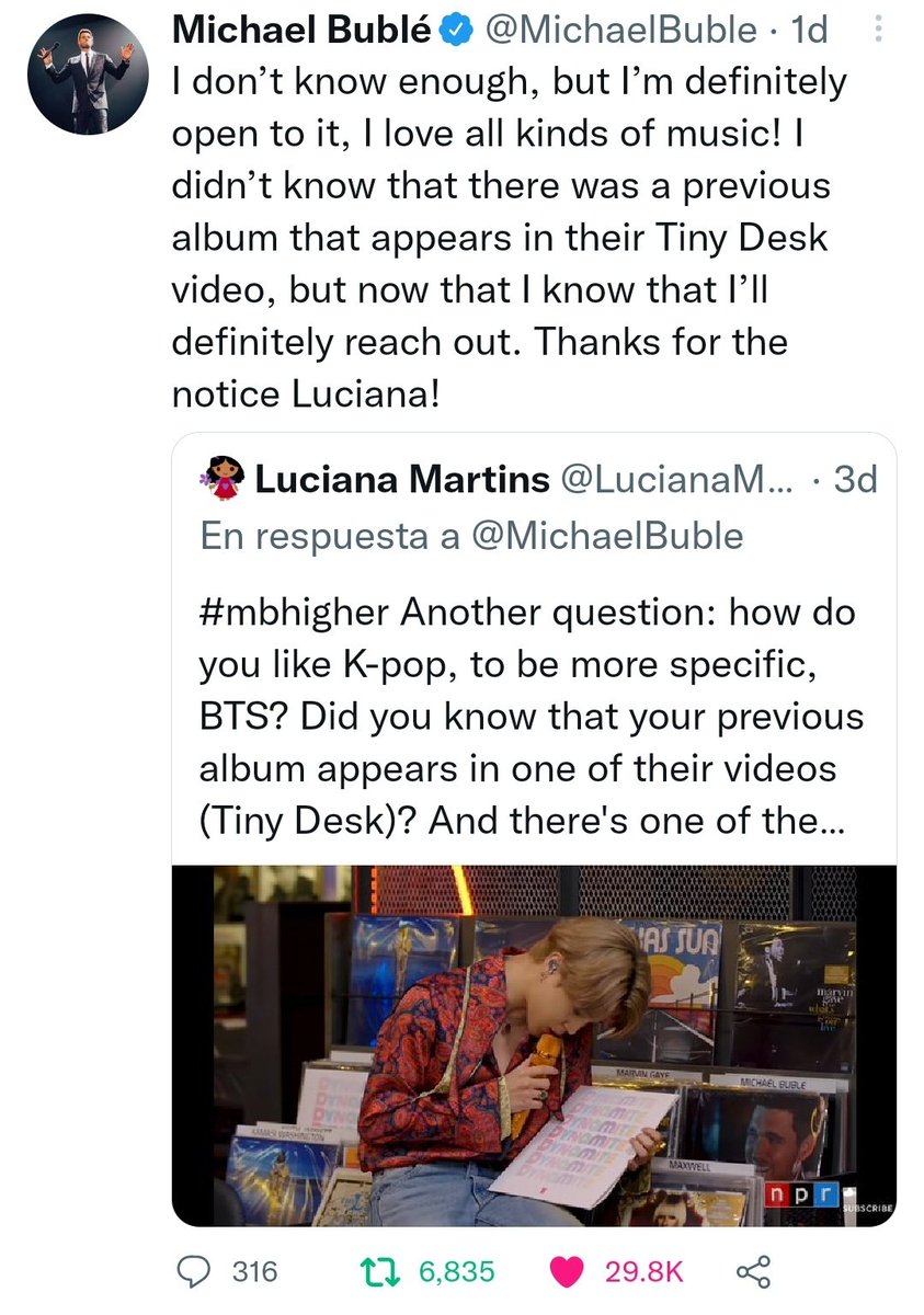 btsargento's tweet photo. — Michael Buble en twitter le respondió a una fan que le comentó que uno de sus álbumes aparece en el Tiny Desk de #BTS, que #V ama el jazz, y preguntó si haría una colaboración con ellos.

Michael respondió que está abierto a colaborar, y que se pondría en contacto con @BTS_twt. https://t.co/UtiJyJnM9B