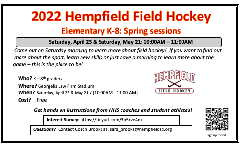 Spring 2022 - Free FH Spring Sessions open to K-8th graders!  Details below! 🏑

[TWO Saturdays --> April 23 &amp; May 21]

<a href="/HSDSportsScores/">Hempfield Athletics</a> <a href="/hempfield/">Hempfield SD</a>