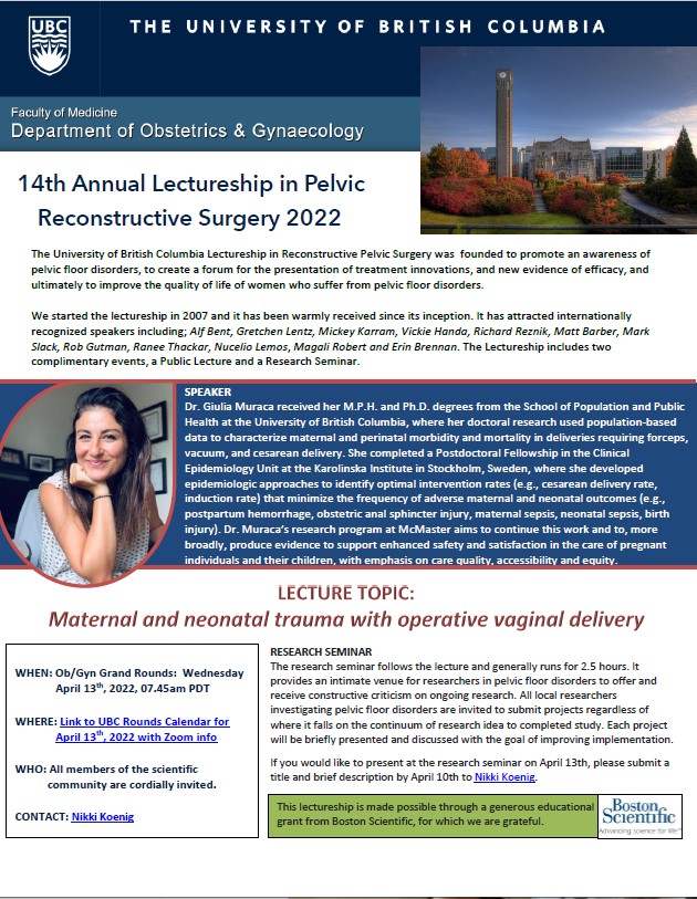 Join me tomorrow morning for the 14th UBC Annual Lectureship in Pelvic Reconstructive Surgery and Research Seminar. Look forward to sharing our work on #obstetrictrauma and #birthtrauma with #forcepsdelivery and #vacuumdelivery. Zoom link available in 🧵...1/2