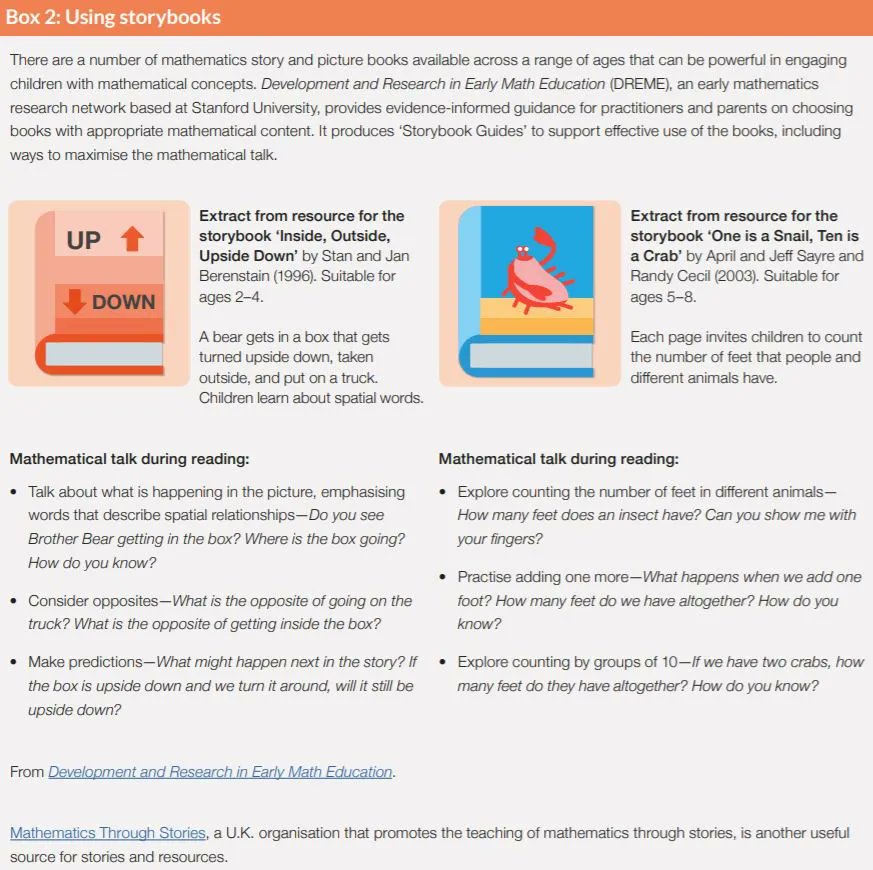 Improving maths in the Early Years and Key Stage 1 - Using storybooks 

"There are a number of mathematics story and picture books available across a range of ages that can be powerful in engaging children with mathematical concepts." 

Find out more: eef.li/early-maths