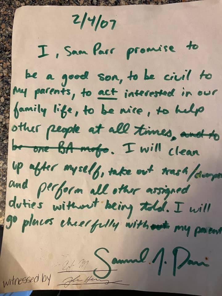 thesamparr's tweet photo. Contract I made with my parents when I was a little kid. https://t.co/oZHTXlp7ng