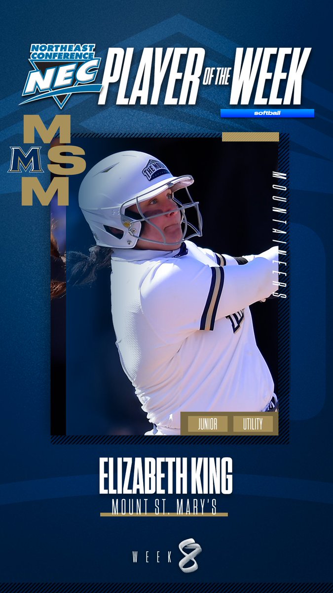 #NECsoftball Player of the Week 🏅

👉Elizabeth King, <a href="/MountAthletics/">Mount Athletics</a> 
 
🗒️King's bat helped lead a red-hot MSM team to a 3-game 🧹 of SHU and its 9th, 10th &amp; 11th straight wins. The junior tallied 4 RBI and had 4 doubles to finish with a .545 avg., a .909 slg% &amp; a .583 ob%.